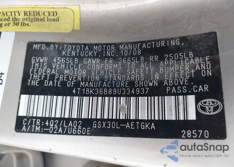 2009 Toyota Avalon Xls z USA, uszkodzony, nr VIN 4T1BK36B89U334937